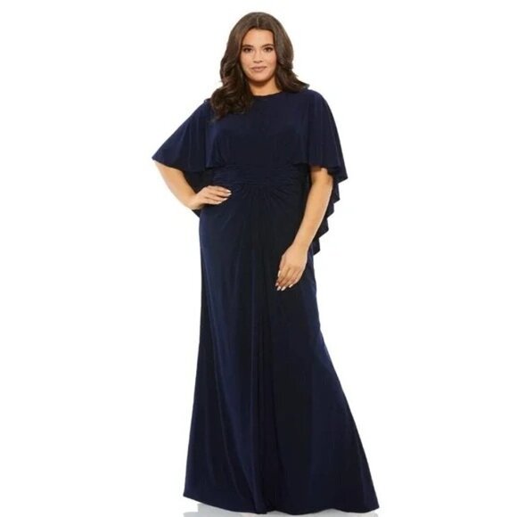 Mac Duggal Jersey Cape A Line Maxi Evening Gown Dress Navy Blue Sz 14W NWT 67929 - Picture 1 of 6